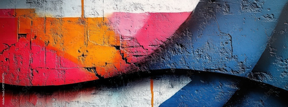 Fototapeta premium Energetic abstract graffiti on cracked concrete wall with bold orange, pink and blue shapes, black shadowed curves, white accents, paint drips and rough textured surface