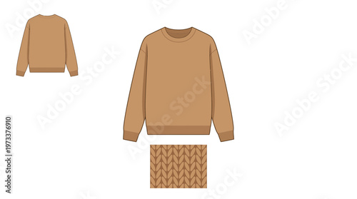 Flat fashion illustration of a brown crewneck sweatshirt with a knitted fabric swatch.