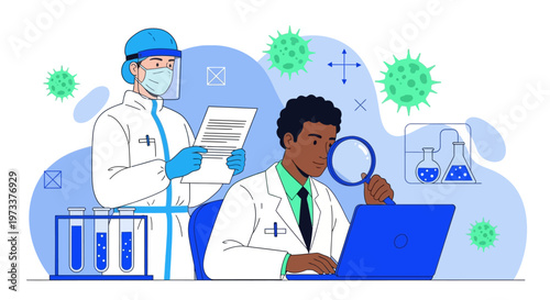 Scientists Researching Virus in Laboratory, Flat Illustration of Medical Professionals in Hazmat Suit and Lab Coat Conducting Scientific Analysis and Experiments
