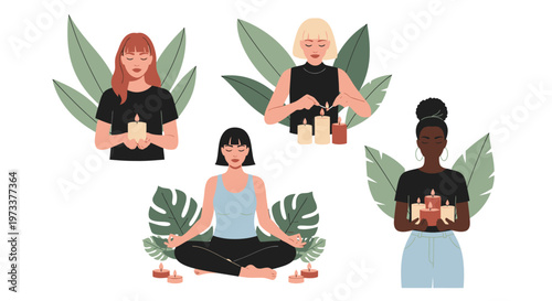 Diverse Women Practicing Meditation, Mindfulness and Self-Care with Candles and Tropical Leaves; Wellness, Spirituality and Mental Health Concept Illustration