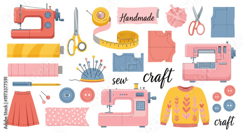 Large Sewing and Crafting Vector Elements Set with Sewing Machines, Scissors, Buttons, and Patterns for DIY Fashion and Tailoring Projects