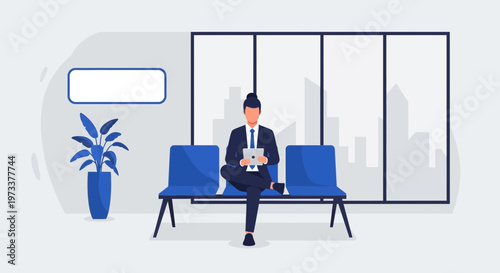 Businesswoman waiting for job interview in modern office lobby with city view