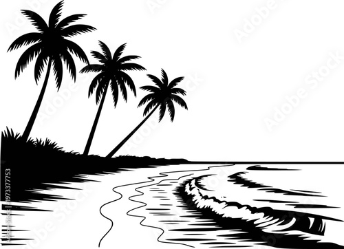 Slika na platnu Black silhouette of palm trees a sandy beach with ocean waves and shoreline