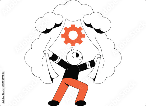 Cartoon character reveals hidden gear behind cloud curtains, symbolizing process and innovation.