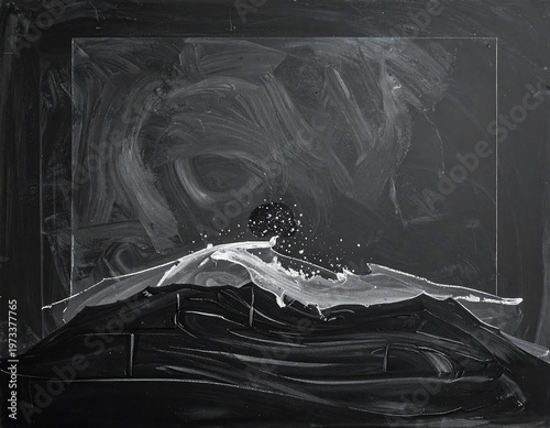 An abstract monochrome painting depicting a volcanic eruption under a stormy sky. Thick, gestural brushstrokes create textured layers