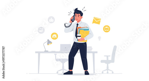 Busy businessman talking on phone, holding coffee and documents, overwhelmed at work