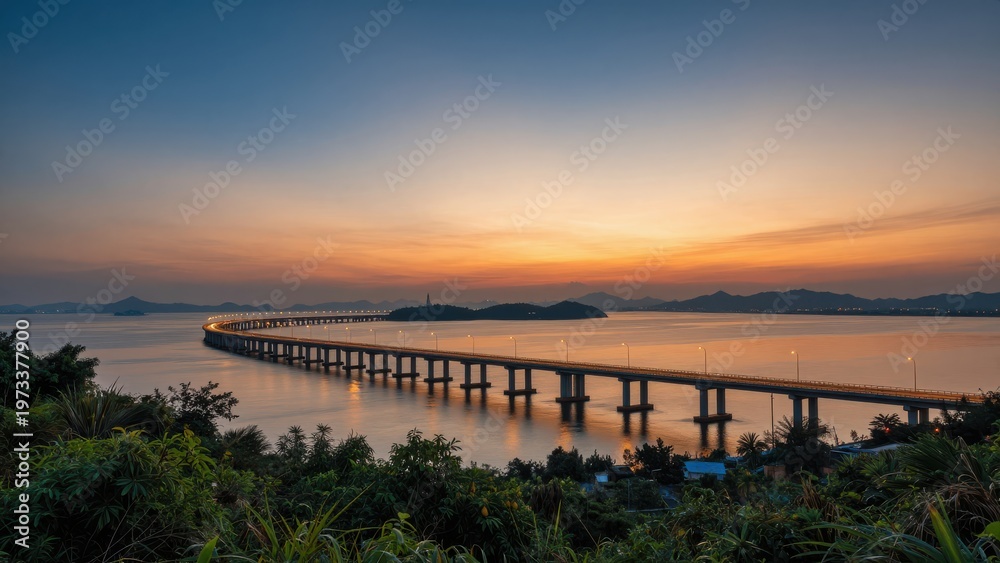Obraz premium Long Bridge over Calm Water at Sunset with Islands and Mountains