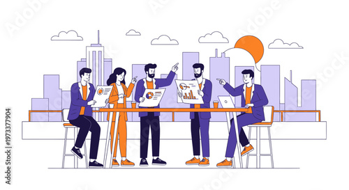 Diverse business team collaborating on strategy with charts and laptops on a rooftop terrace