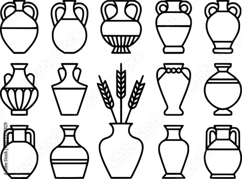 Collection of ancient Greek amphorae and vases with wheat stalks pottery