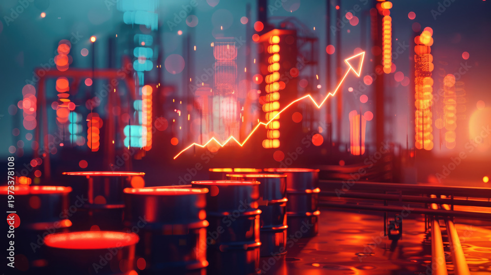 Fototapeta premium global energy shortage crisis concept picture of oil barrels and pumpjacks with financial chart at sunset over industrial refinery.