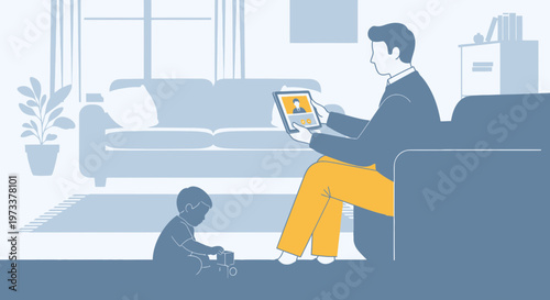 Father working from home on tablet, child playing nearby, modern living room