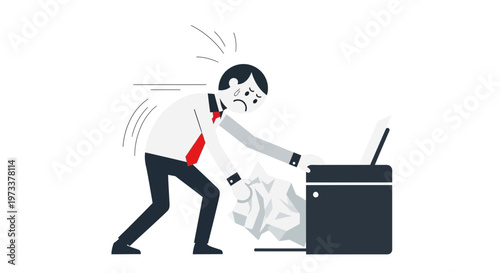 Frustrated businessman struggling with jammed printer, office work stress, crumpled paper