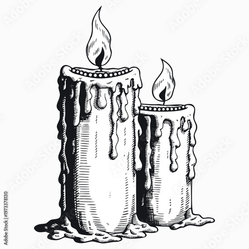 Vector illustration of a burning wax candle with a flickering flame and a glass of beer as isolated icons for kitchen decoration and food design.