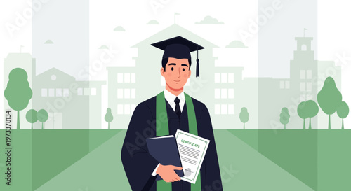 Graduation Ceremony: Student in Cap and Gown Holding Diploma and Book on University Campus