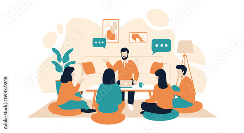 Group therapy session with diverse people sitting in a circle, discussing ideas