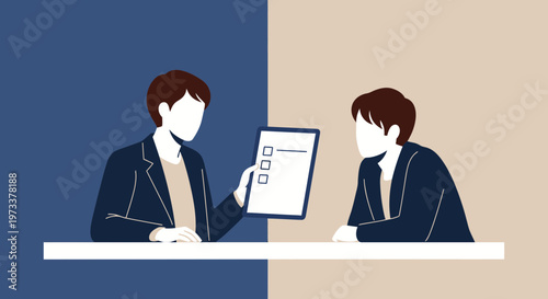 Job Interview: Candidate and interviewer discussing checklist at desk, business meeting concept