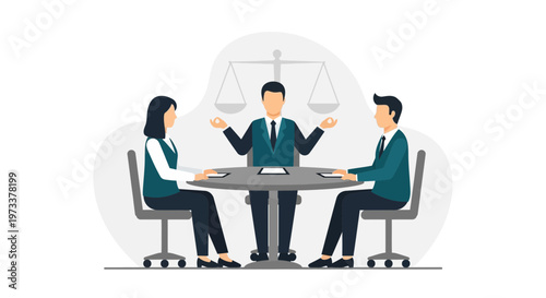 Lawyer mediating dispute between couple at round table with scales of justice
