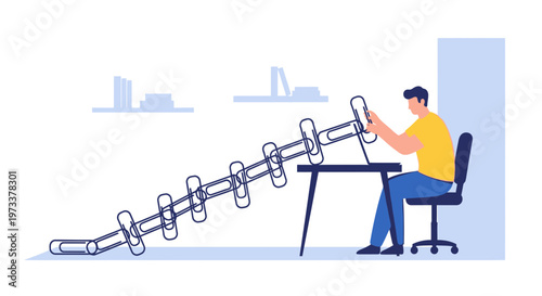 Man builds chain of paperclips from laptop to desk, symbolizing connection and workflow