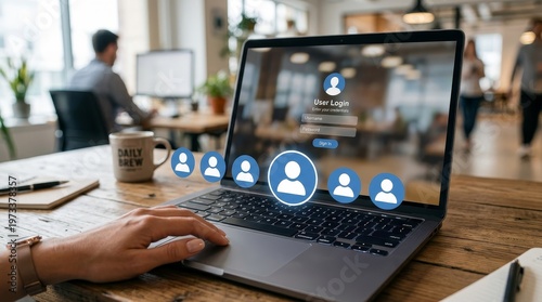 Multi user login interface on laptop screen in office setting