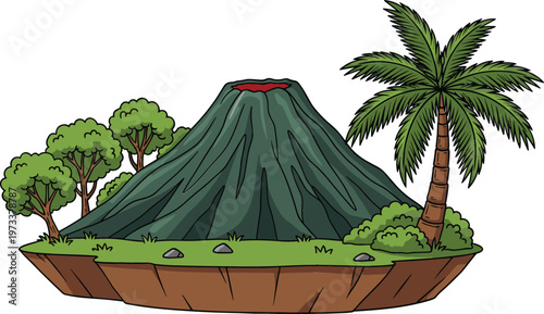 Tropical island with volcano, palm tree, and lush greenery in cartoon style, nature landscape vector illustration for travel, geography, and environment design