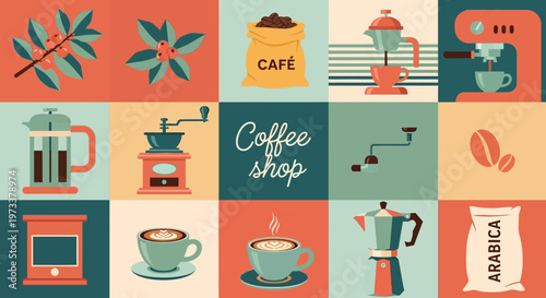 Retro Coffee Shop Icon Set with Espresso Machine, Moka Pot, and Brewing Equipment Flat Vector Illustration