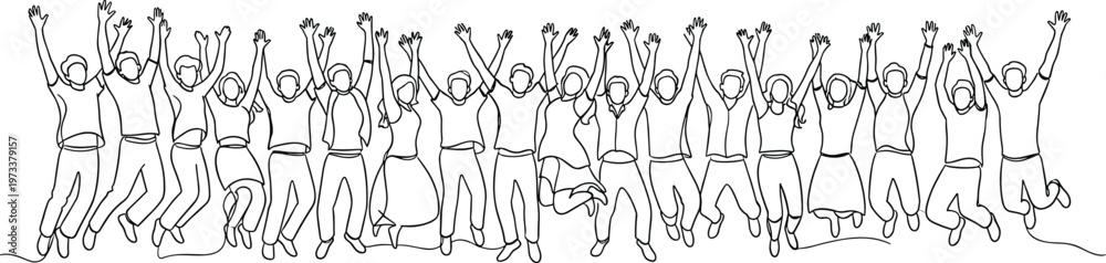 Fototapeta premium Group of Happy People Jumping with Raised Hands Continuous Line Drawing Representing Teamwork, Celebration, Success, Unity and Community Spirit Concept Illustration