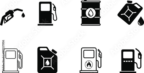 Fuel and oil icons set with gas pump, nozzle and container symbols, energy industry vector collection for petroleum, automotive and service design