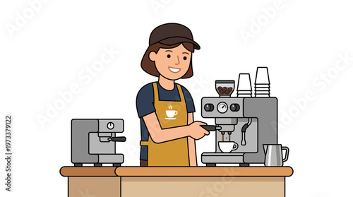 Friendly Female Barista Coffee Counter Espresso Machine Isolated White Background