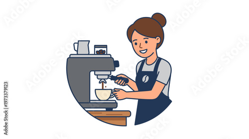 Happy Female Barista Making Espresso Coffee Isolated White Background