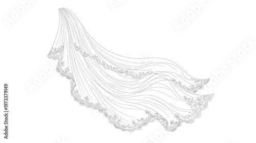 Elegant White Flowing Fabric Wedding Veil Isolated White Background