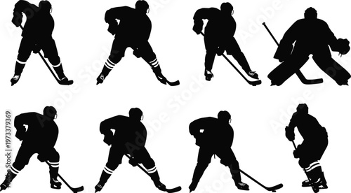 Ice hockey player silhouettes set, professional athletes skating and shooting puck, sports action collection isolated, winter game vector for design and branding