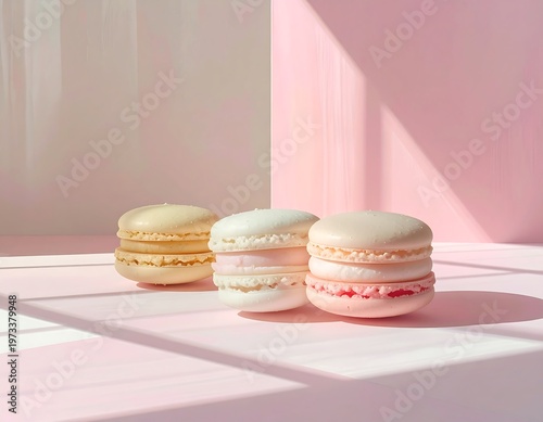 Three pastel macarons, each with a different filling, sit on a pale pink surface. A shadow from a structure creates a subtle pattern