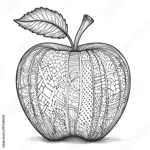 intricate hand-drawn apple with segmented ornamental patterns, single leaf and stem, calm meditative doodle