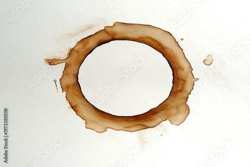 brown coffee cup ring stain with irregular edges and small droplets on textured white paper, evoking quiet, everyday imperfection