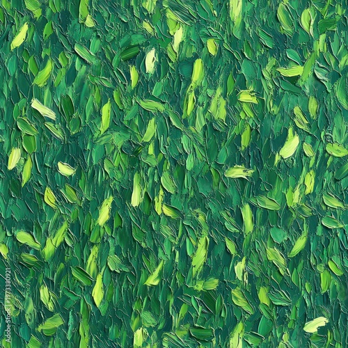 dense textured green foliage of thick impasto brushstrokes and layered leaves, a vibrant fresh springlike composition evoking energetic renewal and lush movement