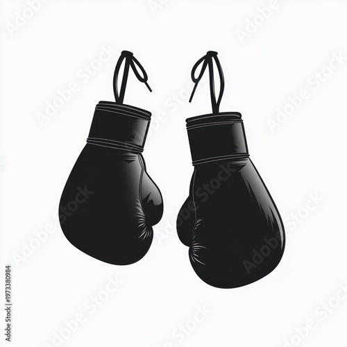 pair of black boxing gloves hanging by their laces on a white background, evoking strength and determination