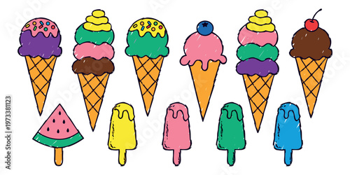 Delicious set of frozen ice cream dessert icons featuring strawberry vanilla and chocolate scoops in waffle cones and wafers isolated on a white background summer vector illustration.