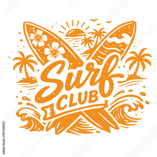 Photography Surf club logo with floral surfboard summer beach illustration