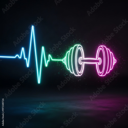 Vibrant neon heartbeat and dumbbell representing fitness and health.