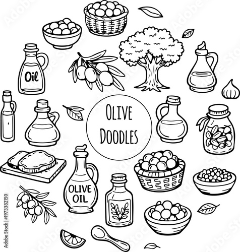 Hand drawn doodles olive branches and individual olives. Olive tree branches, oil packaging.