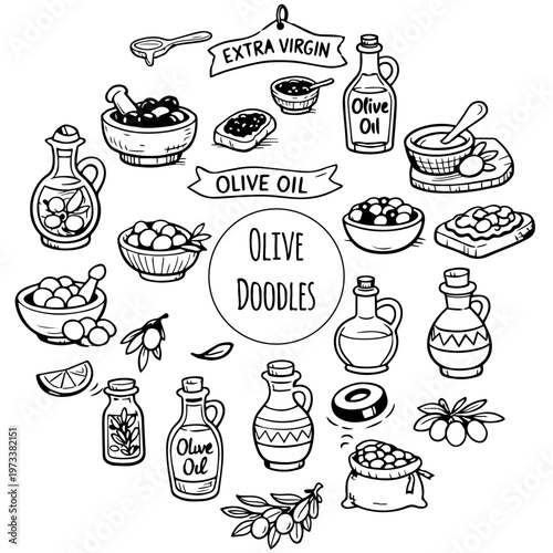 Hand drawn doodles olive branches and individual olives. Olive tree branches, oil packaging.