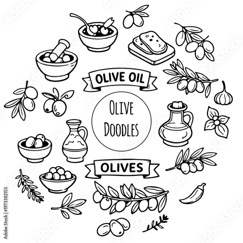 Hand drawn doodles olive branches and individual olives. Olive tree branches, oil packaging.