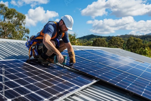 rooftop installer kneeling in safety harness and hard hat fitting solar panels on a metal roof with power tool, gloves, blue sky, scattered clouds and green hills in background, focused and careful