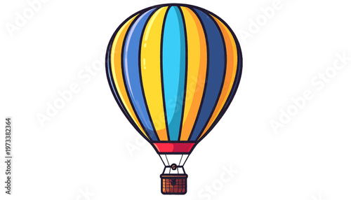 Colorful hot air balloon floating in sky travel adventure scene with vibrant striped design illustration vector