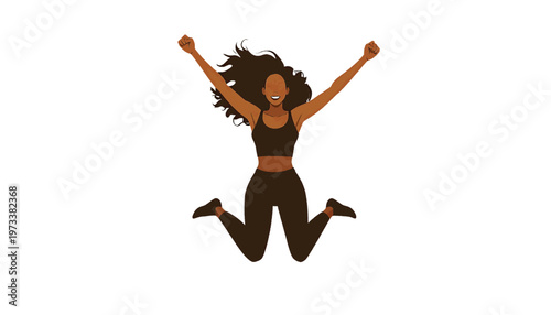 Happy woman jumping with arms raised expressing joy and excitement in energetic lifestyle illustration vector