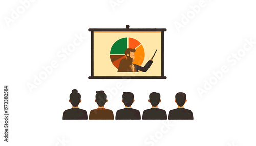 Audience watching presentation screen with chart in classroom or business training environment vector