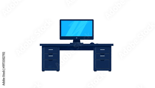 Desktop computer on desk with monitor representing office workspace equipment setup illustration vector