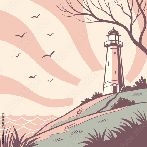 A serene lighthouse on a hill overlooking the ocean