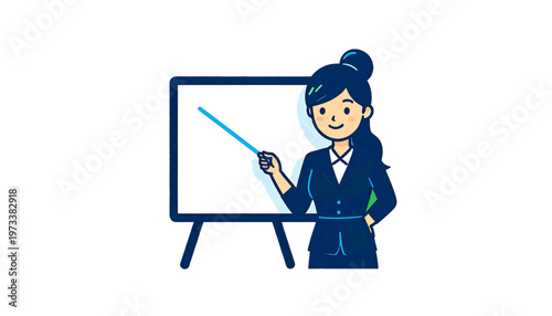 Woman presenting on board pointing at chart in business meeting scene showing corporate training environment vector