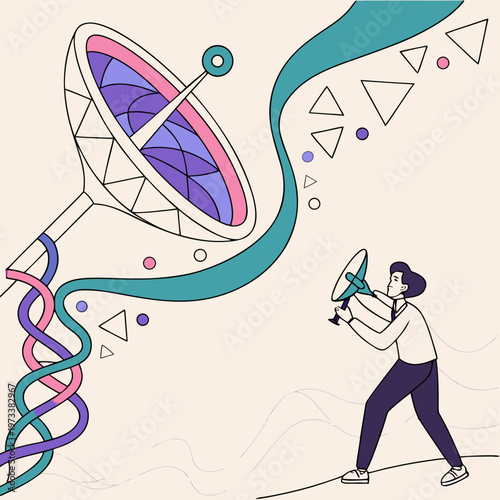 Man holding a megaphone next to a satellite dish with a colorful dna strand